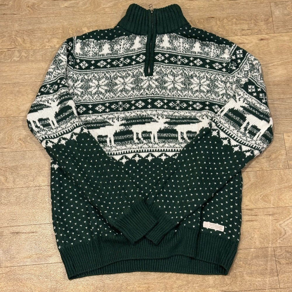 Southern Marsh Green and White Fair Isle Half-Zip Sweater